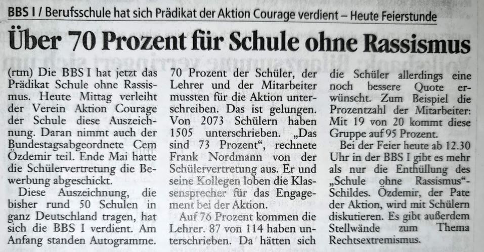 2001.06.14. - Über 70 Prozent für Schule ohne Rassismus - Aller-Zeitung